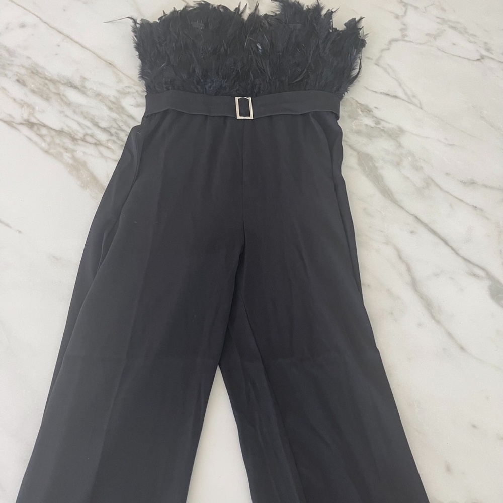 Strapless Jumpsuit, black, feathers, new